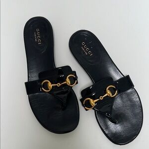 Vintage Gucci Black Slide Sandals with Classic Horse bit Accents